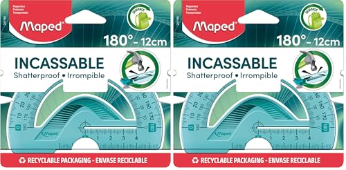 Maped Rapporteur Incassable Plastique Ergonomique et Résistant, repérage optimisé - Rapporteur 180°/ 12 cm - Coloris Aléatoire Vert ou Bleu (Lot de 2)