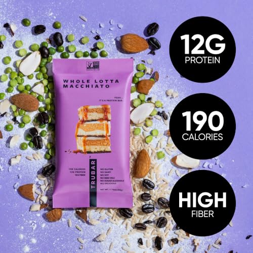 Image of TRUBAR Vegan Protein Bar, Whole Lotta Macchiato, Gluten Free, Plant Based Protein, Dairy Free, Non GMO, Soy Free, No Sugar Alcohols, 12G Protein, 12G Fiber, 23G Carb, On the Go Snack Bars, 12 CT