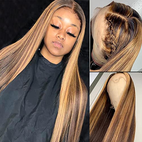 Glueless 4/27 Highlight Human Hair Wigs Brazilian Straight Lace Front Wigs Ombre Brown Transparent 13x6x1 Lace Wig 150% Density Honey Blonde Highlight Human Hair Wigs for Black Women(20 Inch)