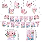 164PCS Pink Cartoon Axolotl Birthday Party Decorations, Tableware Axolotl Party Supplies Plates and Napkins Set, Banner, Hanging Swirls, Tablecloth, Cake Cupcake Topper, Reptile Animals Baby Shower - Image 4