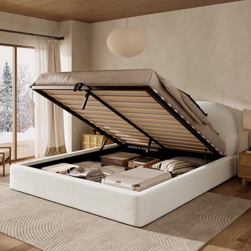 ECLIVON Cama Tapizada Matrimonio 180x200, Camas Matrimoniales con Espacio de Almacenamiento Hidráulico, Estructura Cama Doble con Cabecero, Camas con Somier y Láminas, Sin Colchón (Bouclé+Beige)