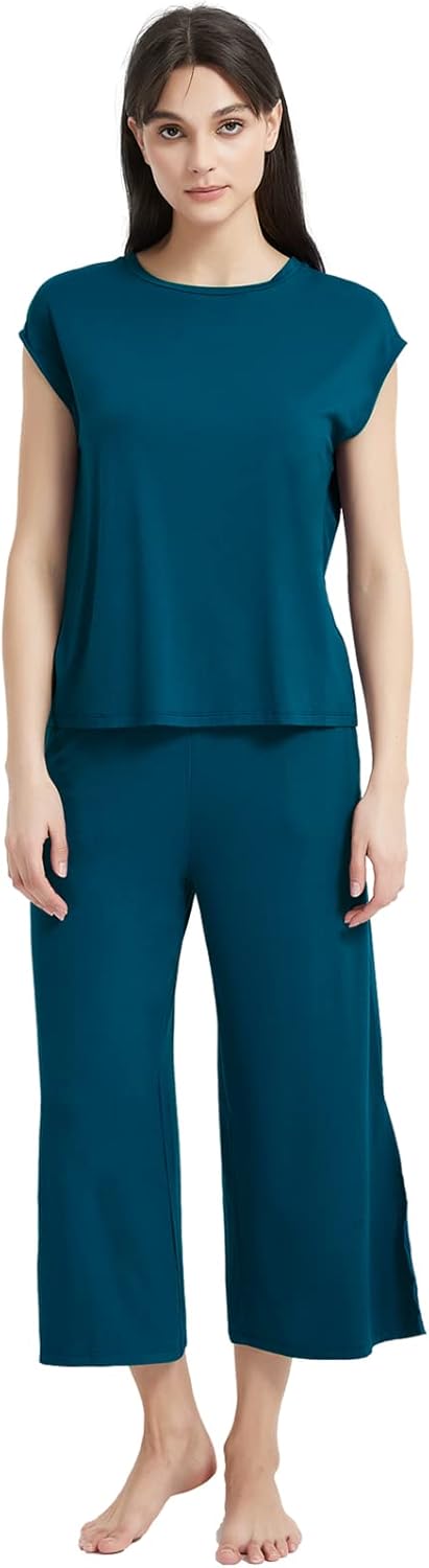 GYS Bamboo Viscose Pajamas for Women Set, 2 Piece Soft Capri Pants Cap Sleeve Top Lounge Set, Comfy Loungewear Sleepwear PJs