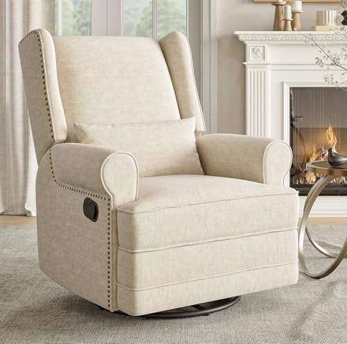 Image of Kiss the Water Swivel Recliner Chair with Adjustable Back and Footrest, Comfy Rocker Recliner Chair with Carbon Steel Base, Glider Recliner Nursery Chair for Living Room, Bedroom, Nursery, Beige