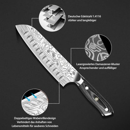 MOSFiATA Santoku Messer 18cm Küchenmesser Scharf Kochmesser aus hochwertigem EN 1.4116 Edelstahl...