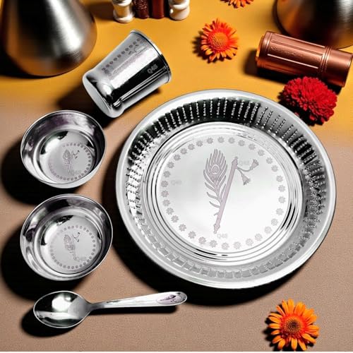 Image of Mor Pankh & Bansuri Stainless Steel Pooja Thali Set with Katori, Glass & Chamach | Food-Grade Aarti /Bhog Thali | Rust-Resistant, Easy-Clean | for Daily Pooja & Festivals