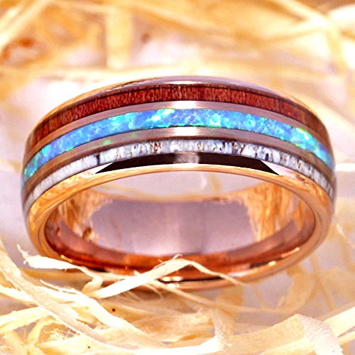 Tungsten Wedding Ring Koa Wood Antler And Real Blue Opal Inlay Vikings Hunting Band - Free Customized Ring (8Mm Rose Gold, 9) #TOP3