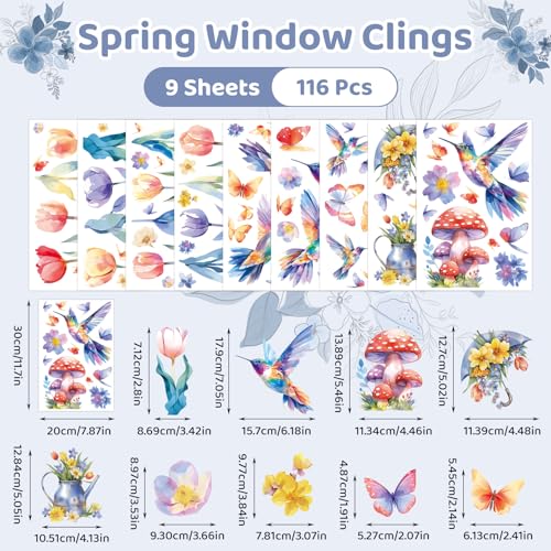 DC-BEAUTIFUL 116 PCS Spring Window Clings, 9 Sheets Double-Sided Hummingbird Butterfly Flower Easter Window Stickers, Reusable Static Floral Window Decals for Home School Office Party Decors - Thumbnail 2