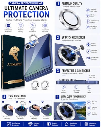 Image of ArmourPro Military-Grade Tempered Glass Compatible with Samsung Galaxy Z Flip 7 5G (6.9 Inch) with Silver Camera Ring Protector & Installation Kit | Edge to Edge Coverage