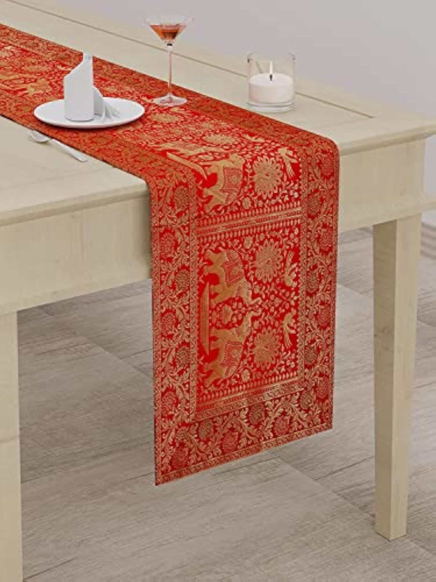 Brocade Silk Table Runner, Elephant & Peacock Design