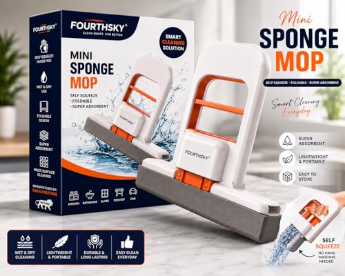 Image of Mini Sponge Mop for Kitchen & Home Cleaning | Self-Squeeze Foldable Wet & Dry Sponge Wiper | Portable Cleaning Mop for Bathroom | Glass Mirror Desktop Car Window Countertop and Small Spaces
