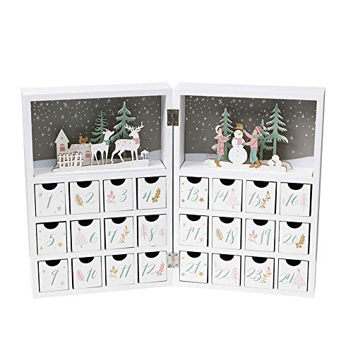 PIONEER-EFFORT Christmas Wooden Advent Calendar Book with Drawers for Adults Kids Christmas Countdown Reindeer Decoration (White&Light Pink and Green)
