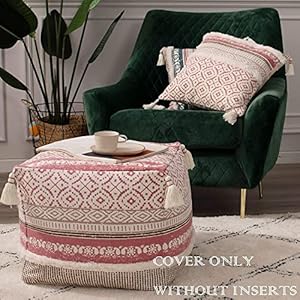 blue page Boho Tufted Decorative Unstuffed Pouf - Farmhouse Casual Ottoman Pouf Cover with Big Tassels, Handwoven Foot Rest/Cushion Cover ONLY for Bedroom Living Room, 18"x18"x16", Pink blue page Boho Tufted Decorative Unstuffed Pouf Farmhouse Casual Ottoman Pouf Cover with Big Tassels Handwoven Foot RestCushion Cover ONLY for Bedroom Living Room 18x18x16 Pink