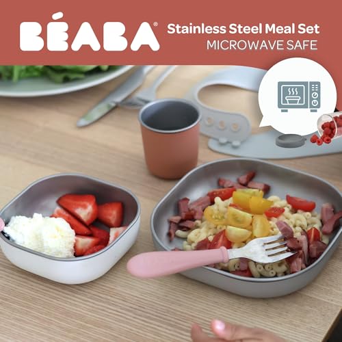 BEABA Stainless Steel Meal Set | Microwave and Oven Safe | Baby Plates Baby Bowls and Cup with Anti-Slip Silicone Cover | Kids Plates Non Toxic, Sage Green by Béaba - Image 3
