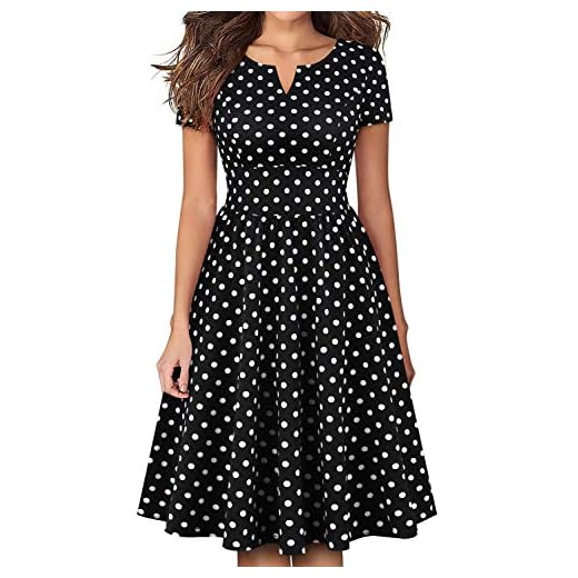 YATHON Women's Black Dot Print Dress Vintage Round V-Neck Short Sleeve Stretchy Business Party A Line Church Dresses for Women Wear to Work (XL, YT028-Black Dot)