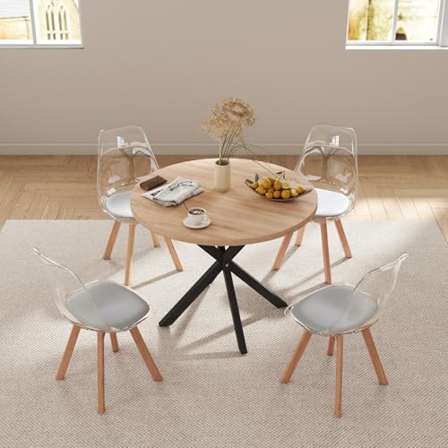 GrandCA HOME Mesa de Comedor con 4 Sillas, Mesa Redonda de 100 CM, Silla de Cocina Tapizada Transparente, Conjunto de Mesa y Sillas de Comedor (Claro + Gris)