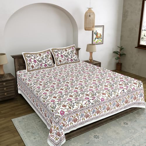 Image of Living Roots Jaipuri Hand Block Print Double Cotton Bedsheet & 2 Pillow Covers, for Mattress Upto 8 inches Thick, No Colour Bleeding, Pink Colour, Super King Size 96 * 104 inches, 150TC (574-C)