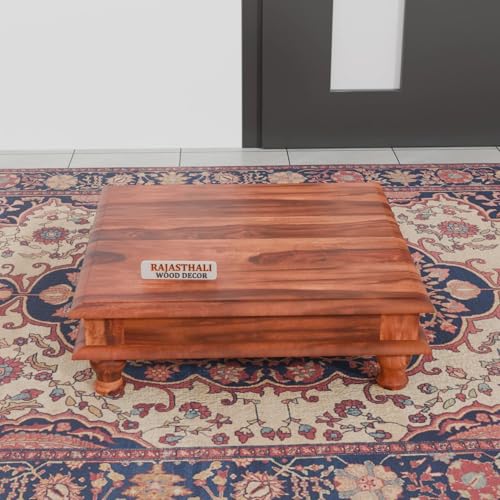 Image of Solid Sheesham Wood Pooja Chowki for Home & Mandir | Wooden Chowki Table for Living Room, Hall & Office | Traditional Low Height Wooden Table for Pooja Room, Coffee & Dcor | Natural Finish