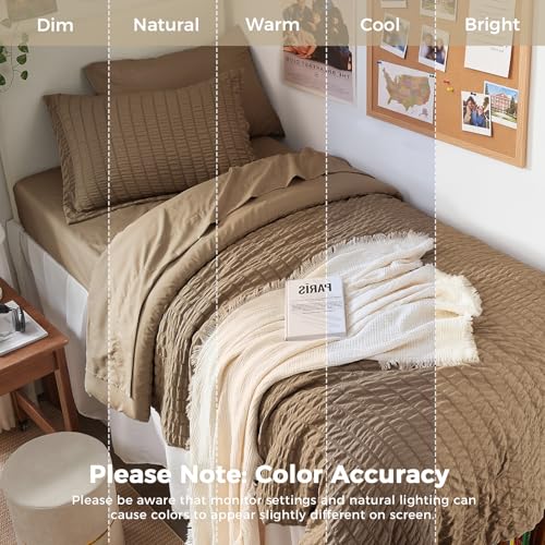 Image of HYMOKEGE Brown Twin XL Comforter Set Seersucker 5 Pieces, All Season Luxury Bed in a Bag for Bedroom, Bedding Set with Comforter, Sheets, Pillowcase & Sham