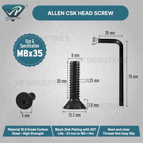 Image of By inchVP INDUSTRIES inch (Pcs-15) M8x35 mm Allen CSK Head Screw Black Zinc Plated High Tensile | Countersunk Screw for Modular Furniture, Wooden Work, Electrical Fittings, DIY & Industrial Use