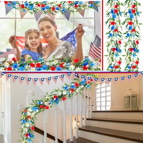 Image of XunYee 2 Pcs 6 ft 4th of July Patriotic Garlands for Mantle, Red White Blue Flower Garland Decorations for Memorial Day 250th Anniversary Independence Day Mantel Door Table Fireplace Tree Stairs