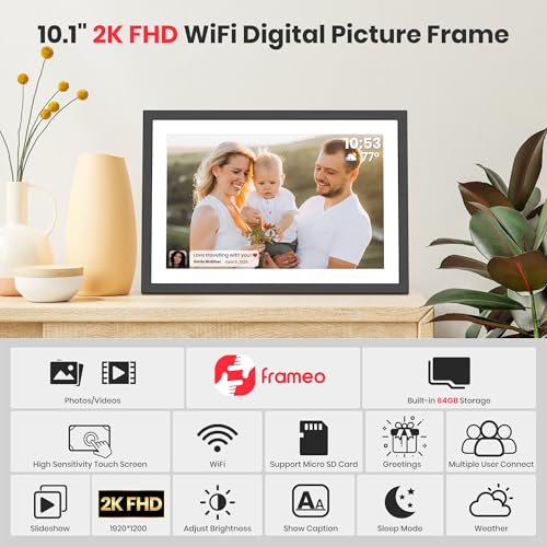 Image of 2K 64GB Frameo 10.1 inch Digital Picture Frame WiFi Electronic Photo Frame FHD 1920 x 1200 IPS Touch Screen Share Moments Remotely Anywhere Photo Gifts for Mother Dad Grandparents Christmas