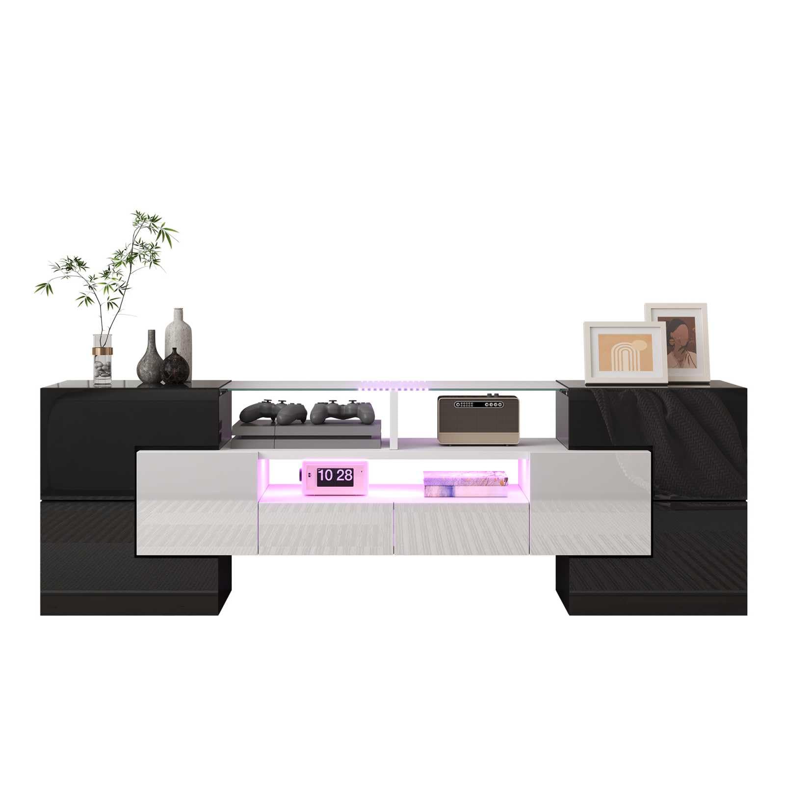 YEHTOKHOME Meuble TV Moderne,Meuble TV Multifonctionnel avec éclairage LED,Meuble avec 6 Portes et 2 tiroirs, organizzatore avec Espace de Rangement (Noir + Blanc)
