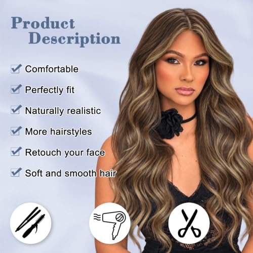 Image of NAYOO Caramel Brown Wig for Women, 26 Inch Middle Part Wavy Synthetic Wig