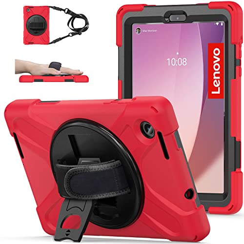 TSQQST for Lenovo Tab M8 Tablet Case 4th Gen 2024 203 Model TB301XU/TB-300FU for Kids | Silicone Rugged Protective Case with Rotating Stand Hand Strap Shoulder Strap for Lenovo Tab M8 Tablet | Red