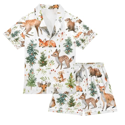 senya Forest Animals A Satin Summer Pajama Sets Silk Short Sleeve Button Down Sleepwear