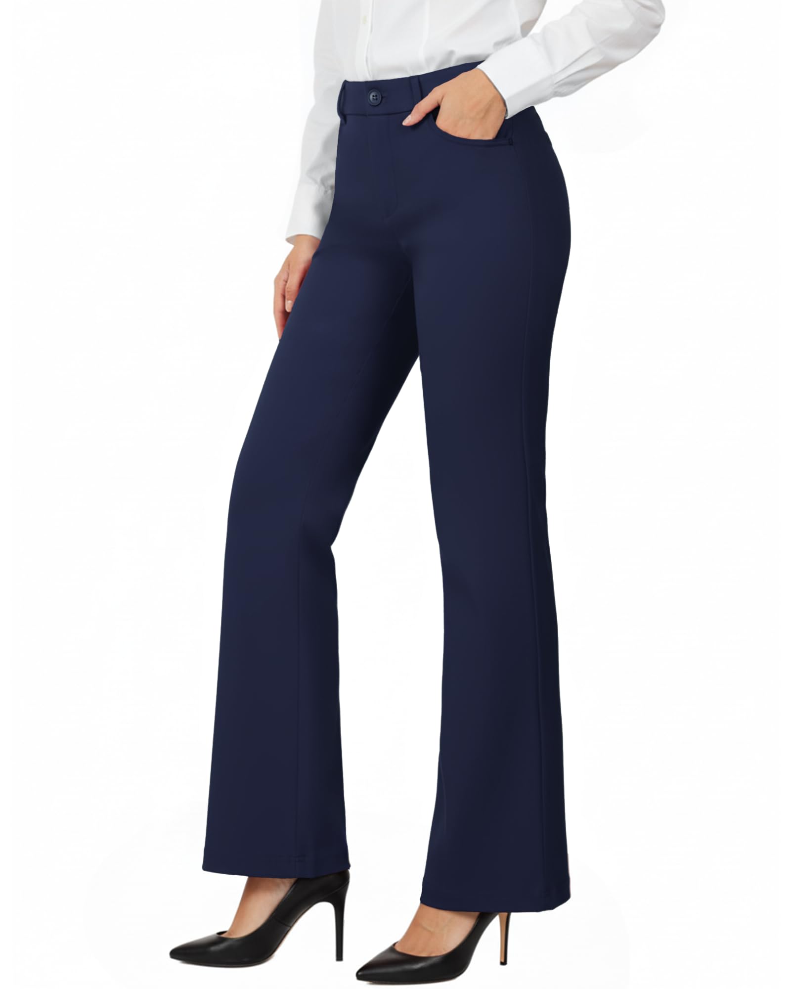 Womens Straight Leg Dress Pants Stretchy Bootcut Work Pants Button Casual Slacks with Pockets