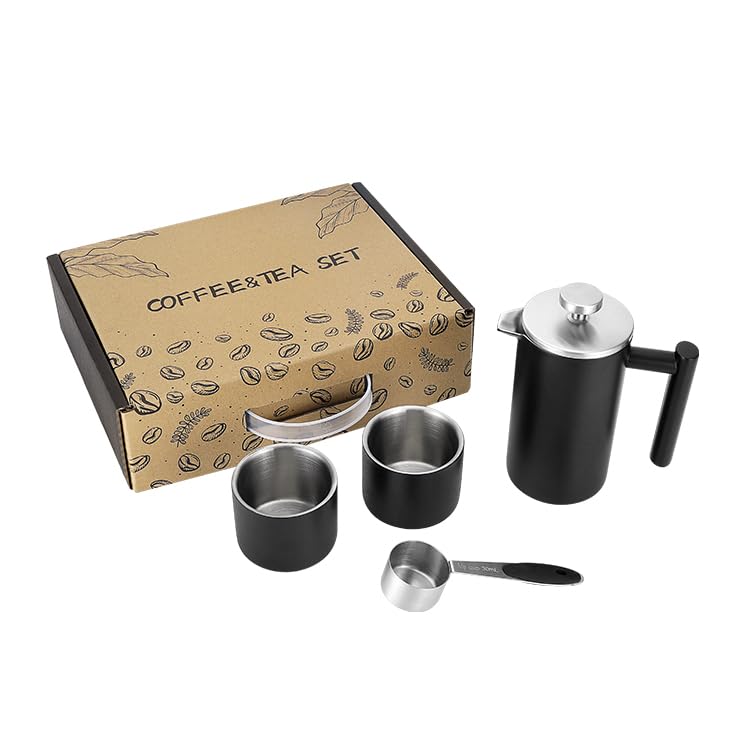 FeRey Tools Juego de cafetera French Press – 350 ml French Press con vaso de acero inoxidable de 150 ml – Cafetera térmica de doble pared con caja de regalo – Portátil Viaje Pour Over & Kit de