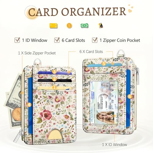 Image of Kelvoris Flower Credit Card Holder Small Wallet Women, Slim RFID Keychain | Zipper Coin Pocket, PU Leather Front Pocket, Thin Travel Card Case, Compact, 6 Card Slot, 1 ID Window, Ladies Gifts for Woman