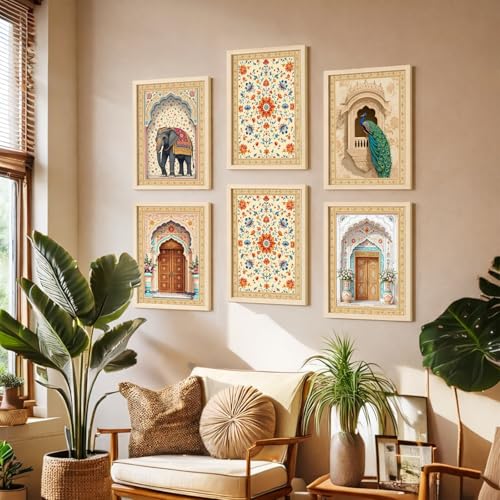 Image of NoWorries Wall Art Hangings /Paintings for Wall decoration - Decorative Wall frames for Living room /Bedroom Office - Traditional Indian Wall Posters with Frame ''300 GSM Premium Poster Paper Print'' (Pattern-Traditional Art) Synthetic Wooden Frames Set of 6 (10x13inches inchMulticolor inch) (ART-11)