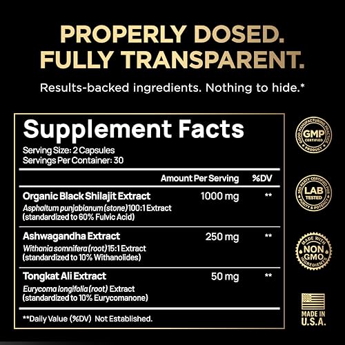 Black Shilajit Capsules for Men 103,800mg Fulvic Acid Energy Supplement - Ashwagandha & Tongkat Ali - Ultra Pure Himalay 