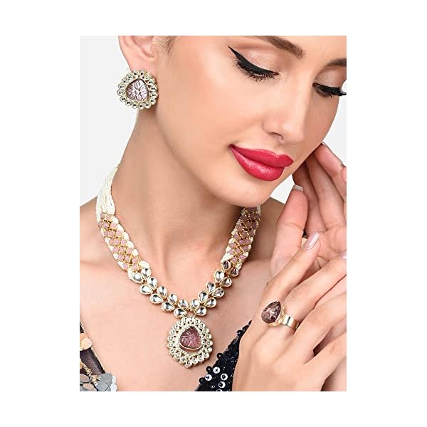 ZAVERI PEARLS Pink Purple Stones Embellished Kundan Necklace Earring & Ring Set For Women-ZPFK15937 - Image 5