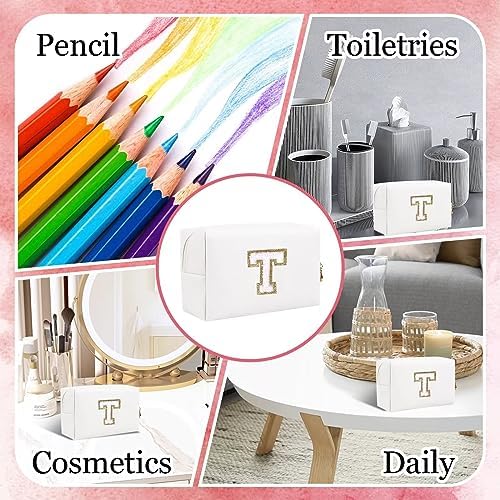 Small Personalized Letter Makeup Bag, Cute PU Leather Chenille Letters Cosmetic Bag Travel Makeup Pouch, Preppy Travel Organizer Zipper Pouch for Women&Girls(White-T) - 5
