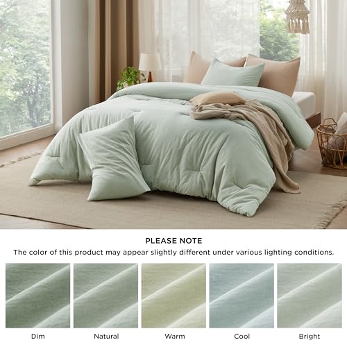 Image of Bedsure Comforter Set Queen Size - Cotton Fabric with Microfiber Inner Fill, Sage Green PureWoven Soft Bed Set for All Seasons, 3 Pieces, 1 Comforter (90 inchx90 inch) and 2 Pillow Cases (20 inchx26 inch)
