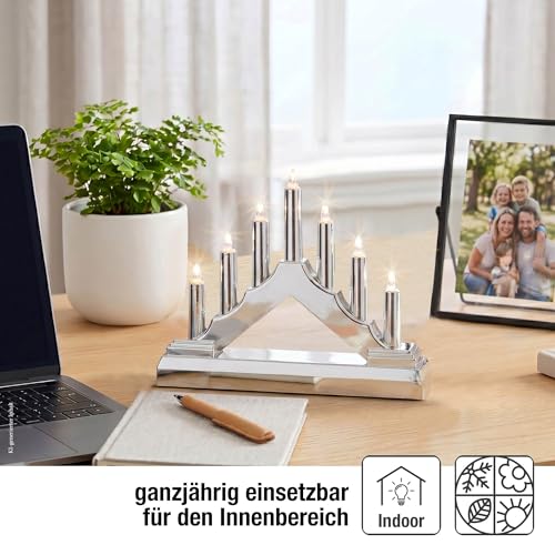 Hellum, LED-Kerzenleuchter, Schwibbogen, Kunststoff, Silber, 7 warm-weiße LEDs, 16x13 cm, Indoor, batteriebetrieben (2AA), Weihnachts-Dekoration, 520934 – Bild 3