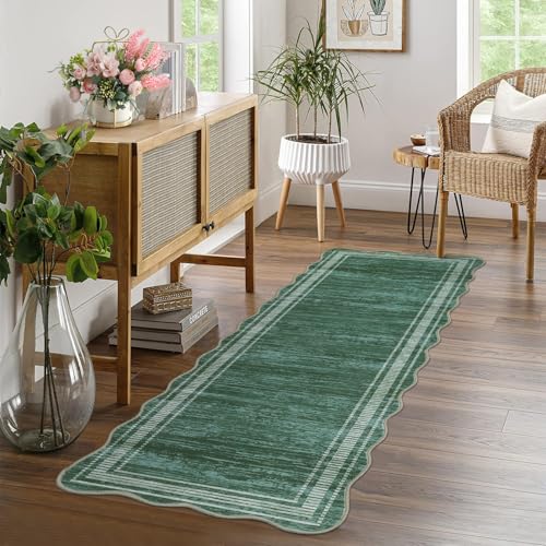 GarveeHome Washable Runner Rug 2x6 Kitchen Hallway Scalloped Rugs, Non Skid Stain-Resistant Solid Bordered Rug Soft Scalloped Entryway Carpet Runner for Bathroom Laundry Room Bedside(Green,2x6ft)
