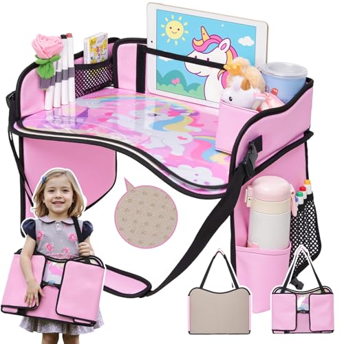 OUOZZZ Kids Travel Tray for Car - Girl's Safety Seat Table, Toddler Road Trip Essentials - Carseat/Airplane Lap Desk with Weight-Relief Strap, Non-Skid Silicone Base, Waterproof Dining/Craft Mat