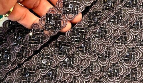 Dusty Plum Embroidered Scallop Trim Appliques Hand Beaded 7/8" Sheer Sequins 1yd Fabric