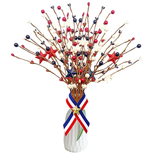 QXBXYHM 4 Pcs Patriotic Artificial Berry Stem Picks Red Blue White Stars Floral Berry Spray Picks of 4th of July Independence Day, Pentagram Faux Berry Branches Decoration for Home Party Crafts