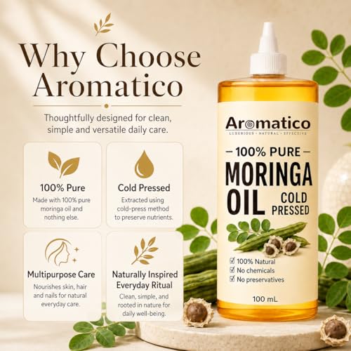 Image of AROMATICO Moringa Oil for Skin, Hair and Body Care, Multipurpose Carrier Oil for Massage, Scalp Care, Dry Skin Routine, DIY Beauty and Natural Glow - 100ml