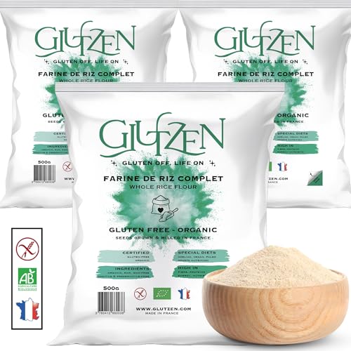 Harina de arroz integral ecológica GLUTZEN. Ideal para pan sin gluten, masas de pizza, pasta sin gluten, tortitas, galletas y magdalenas. Celíacos, veganos, sin alérgenos, deportistas. (3x500g)