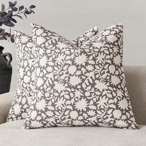 Image of Foindtower Set of 2 Decorative Neutral Floral Throw Pillow Covers Accent Farmhouse Cushion Covers Boho Vintage Pillowcase for Couch Sofa Bedroom Living Room Home Decor,18x18 Inch,Rustic Gray