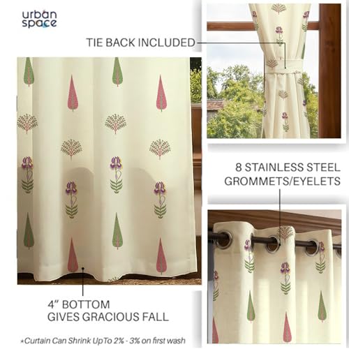 Image of Urban Space 100% Cotton Floral Curtains 8 Feet Long Set of 2, 60-65% Room Darkening, Decorative Curtains with Eyelets /Rings for Hanging, Tieback Included (Orchard Sage Green, Long Door - 8 Feet)