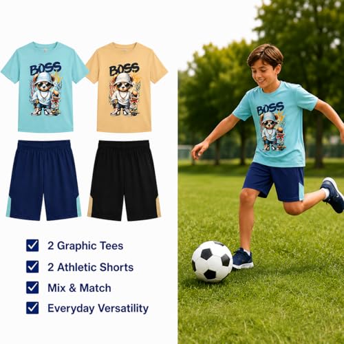 Image of Pro Athlete Boys Shorts Sets - 4 Piece Dry Fit Short Sleeve Crewneck Graphic Tee and Performance Shorts for Boys (Sizes 8-16)