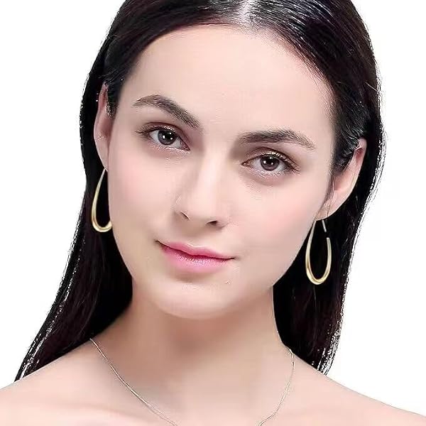 Lightweight Teardrop Hoop Earrings for Women - 14k Gold/White Gold Plated Large Oval Pull Through Hoop Earrings High Polished Statement Jewelry Gift for Women(gold 50 * 30) by gelanmeng - Image 4