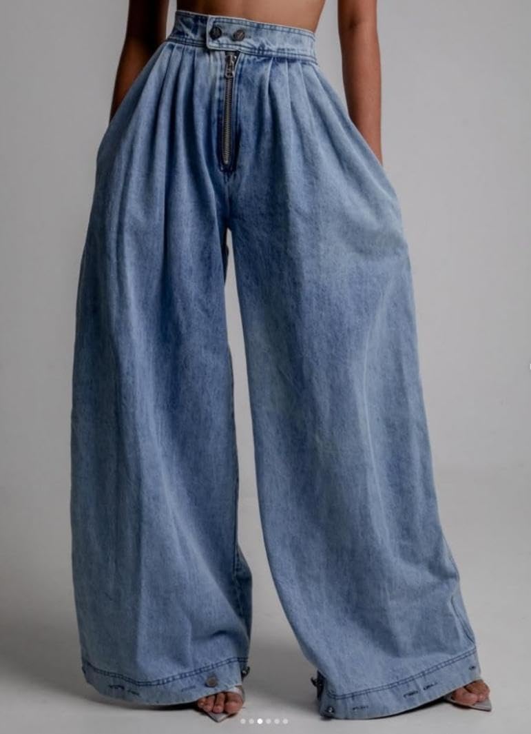 Women's High Waisted Elastic Waist Zipper Jeans Retro Wide Leg Harem Pants Balloon Fit Relaxed Tapered Pants