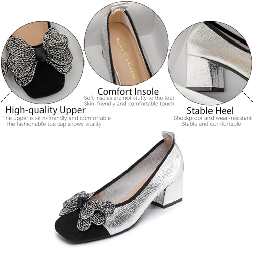 Women's Leather Glitter Rhinestone Bow Chunky Heel Pumps Fashion Comfortable Square Toe Slip on Mid Heels Dress Shoes for Party Prom Date Wedding3